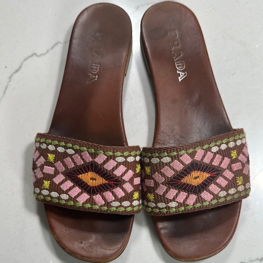 Prada Women's Brown Embroidered Slide Sandals